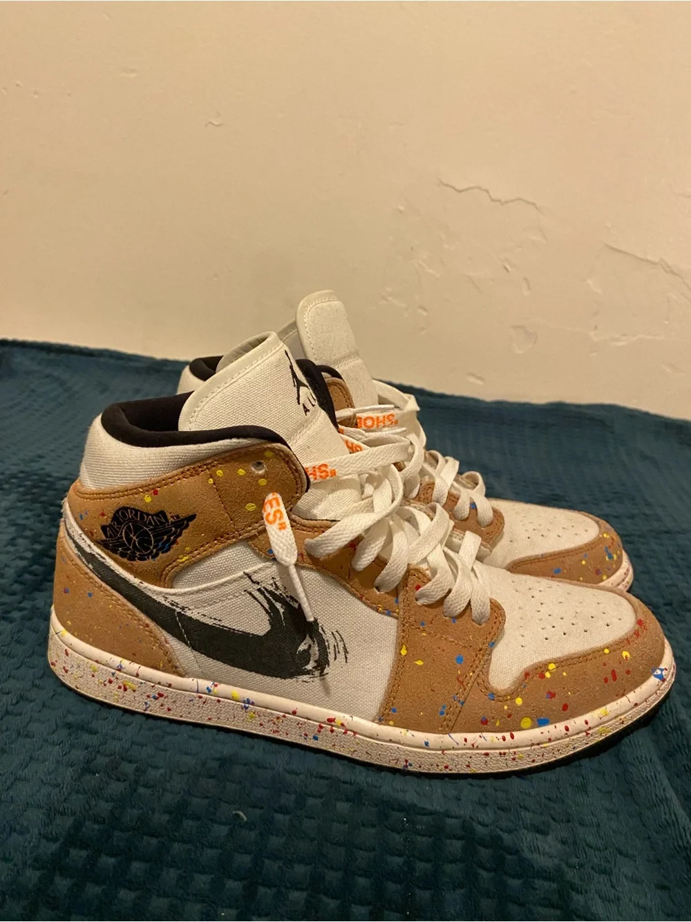 Jordan Men's Mid-Top Sneaker in White and Tan with Paint-Splatter